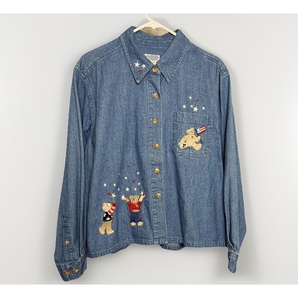Christopher & Banks XL Embroidered Denim Boxy Button Shirt‎ USA Bears Flag Stars